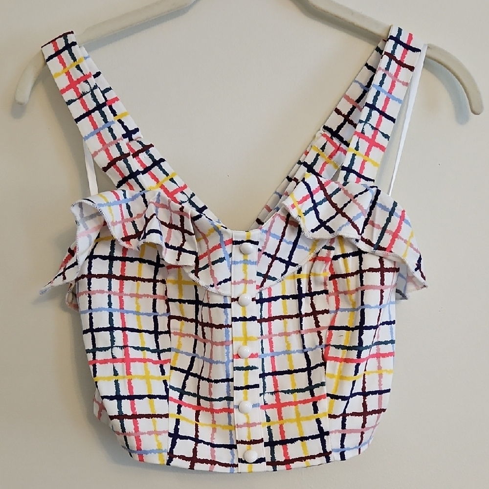 ModCloth White Multicolor Plaid Ruffle Crop Top